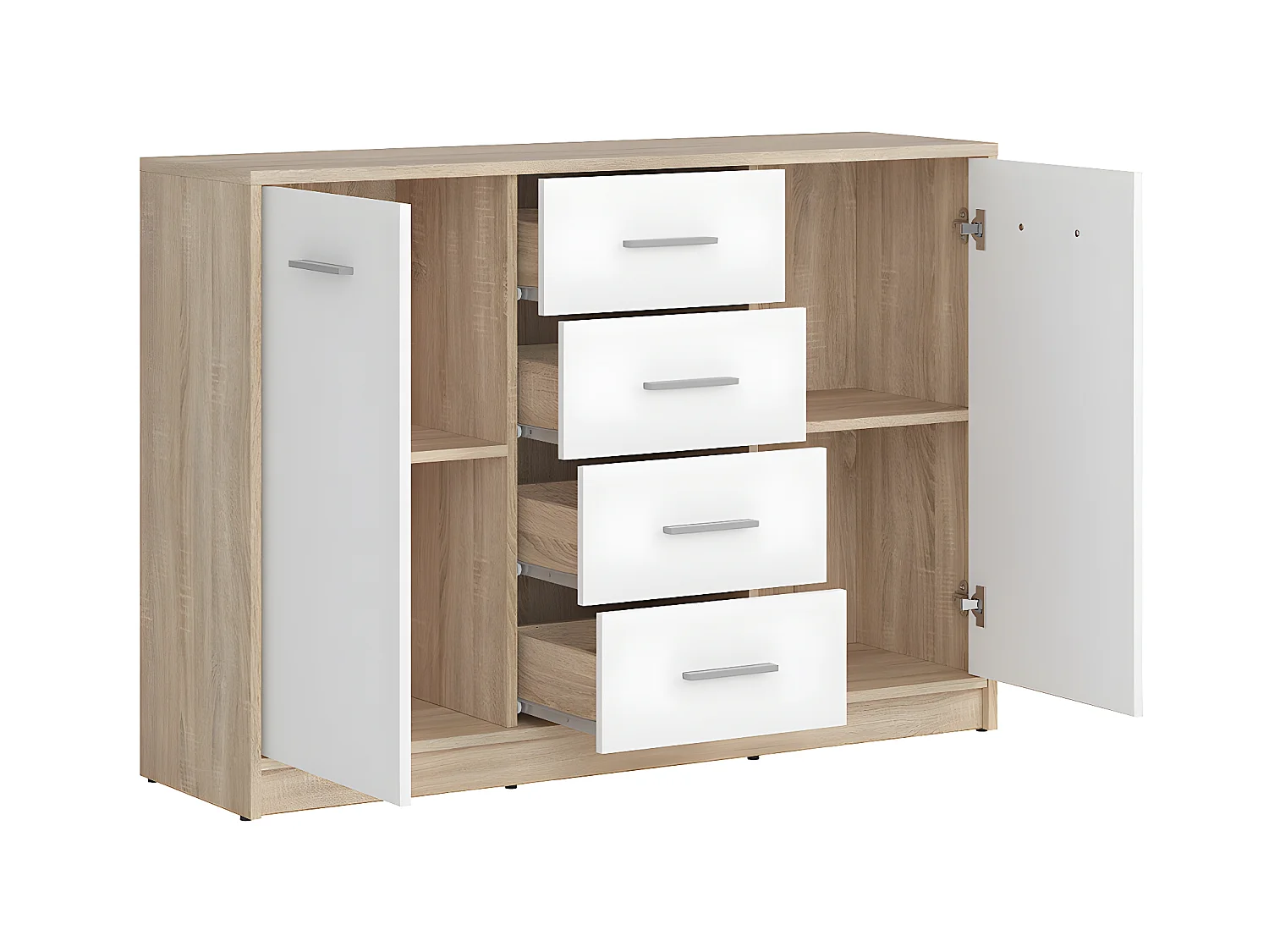Aparador 2 portas 4 gavetas Ewen madeira e branco 84cm