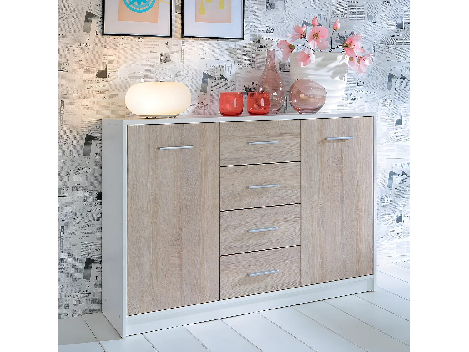 Buffet 2 portes 4 tiroirs Ewen Blanc et Bois