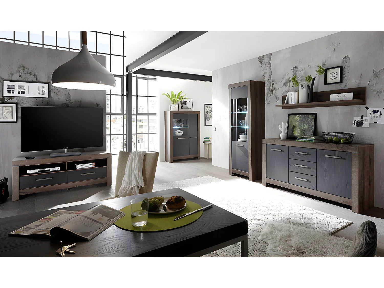 Aparador 2 portas 3 gavetas Adam madeira e preto 85cm