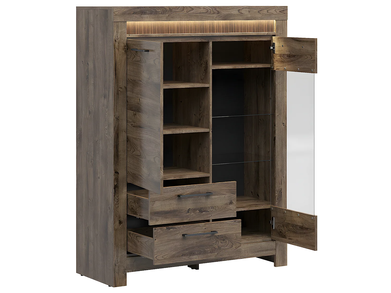 Vaisselier 2 portes 2 tiroirs LED inclus Amaury Bois