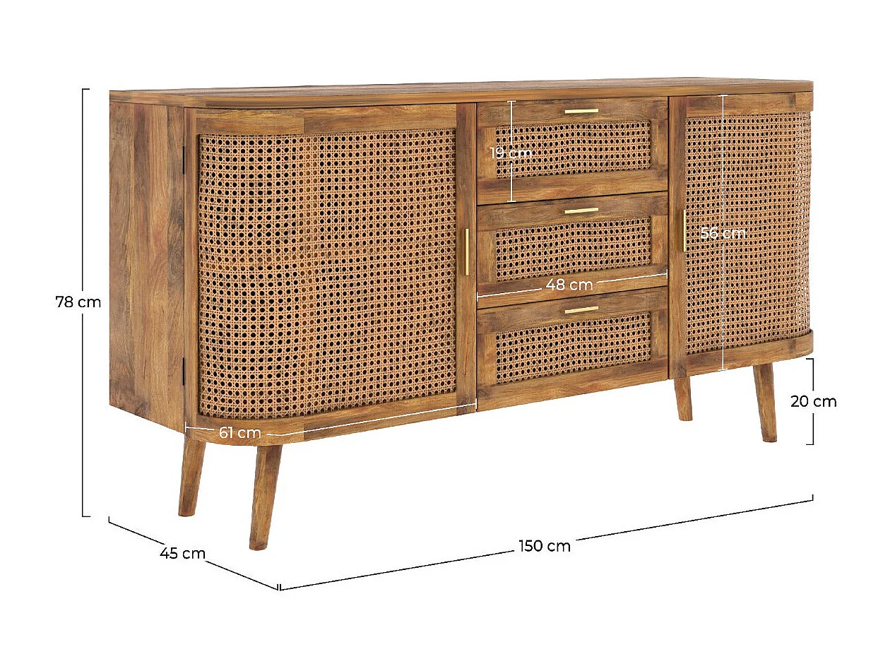 Aparador de 2 puertas y 3 cajones en caña - Wava