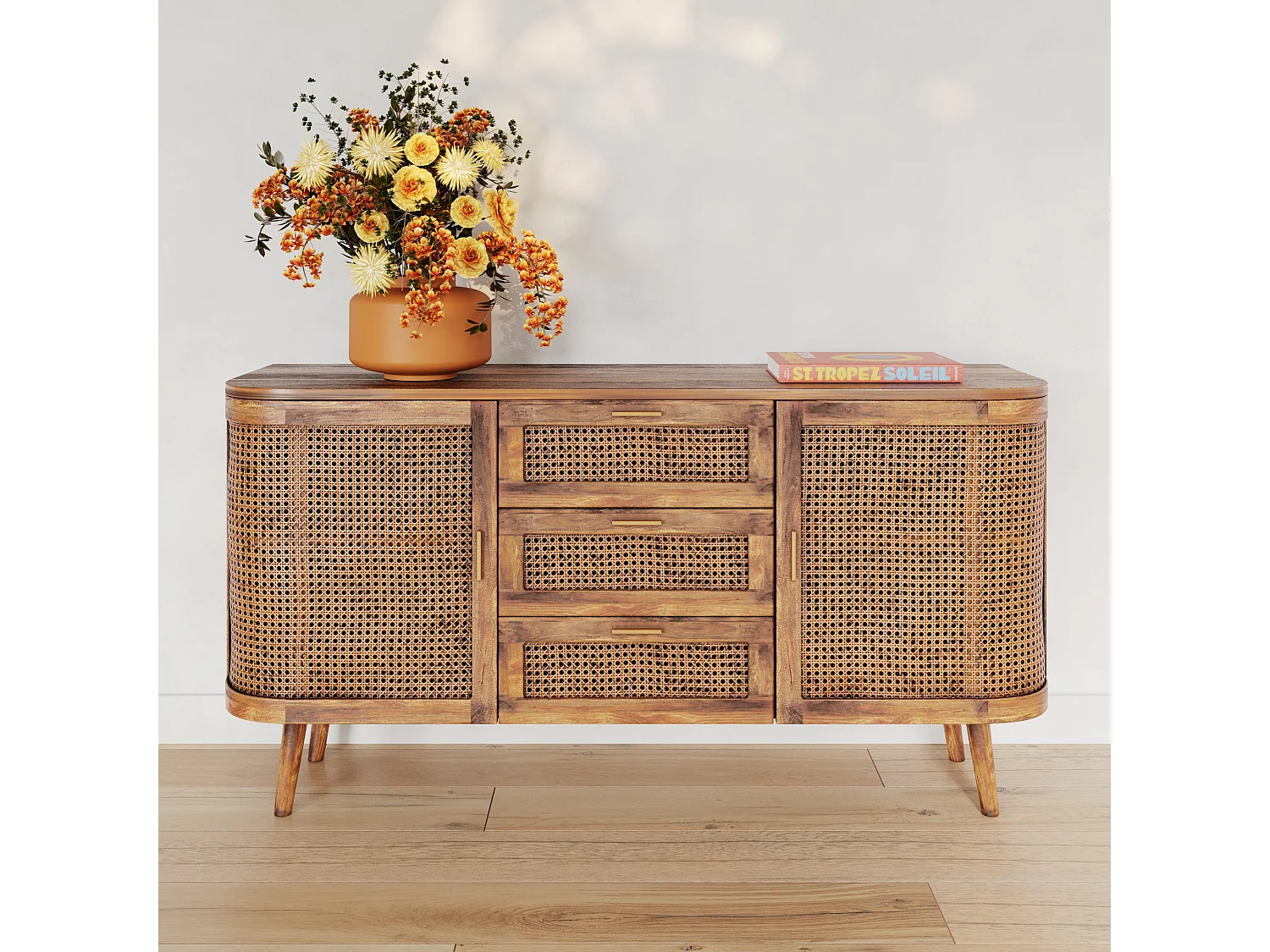 Buffet 2 portes et 3 tiroirs en cannage - Wava