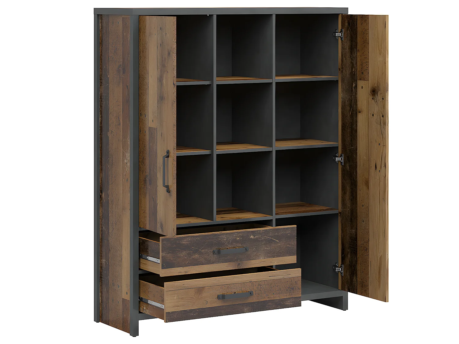 Bibliothèque 2 portes 2 tiroirs Paul Bois et Gris anthracite