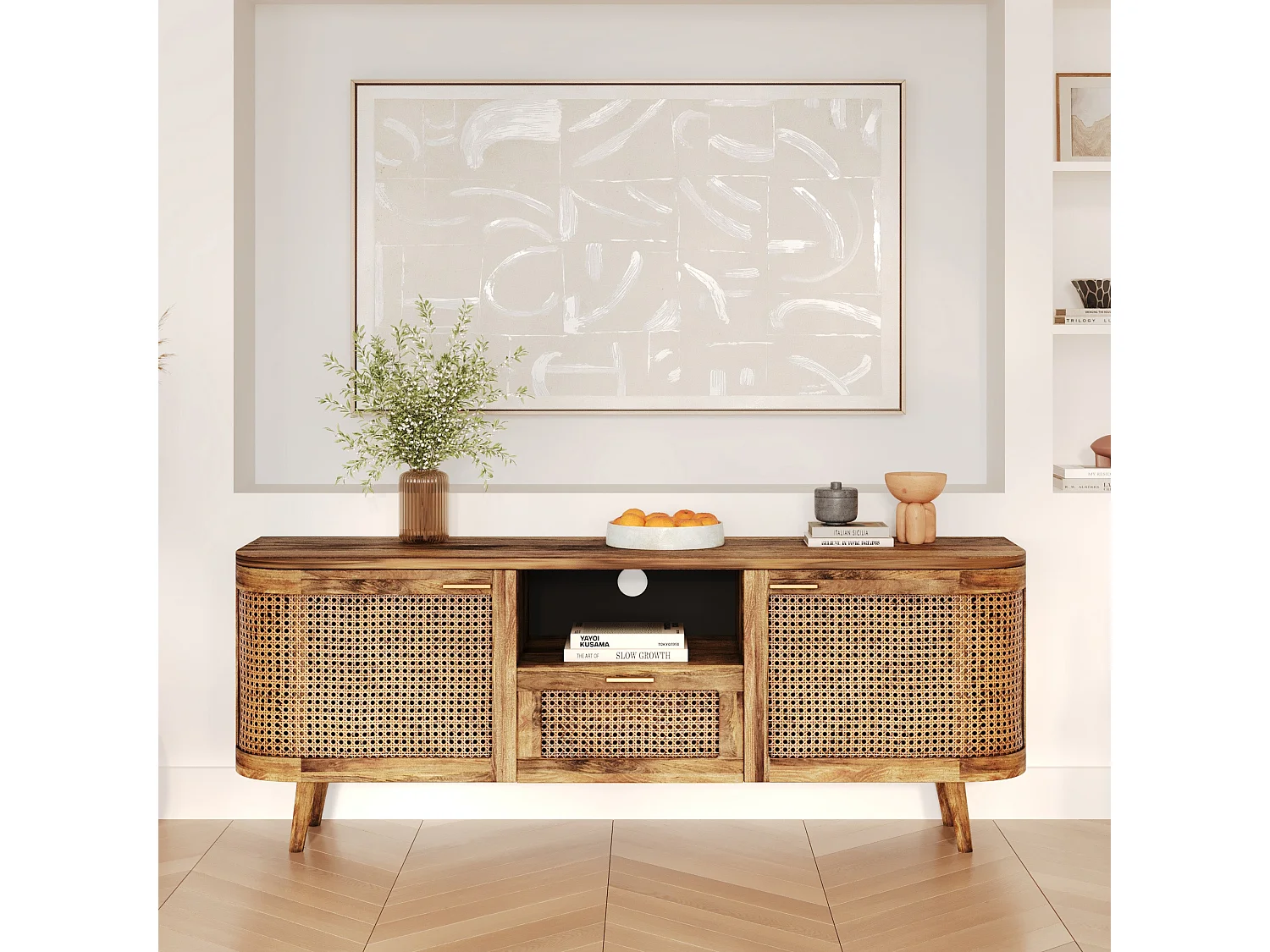 Meuble TV en bois de manguier et cannage 145 cm - Wava