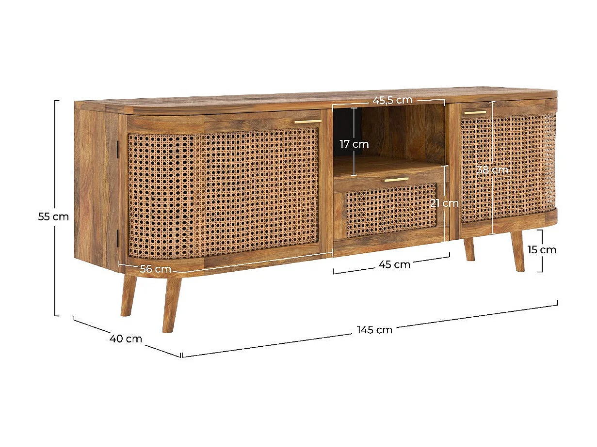 Meuble TV en bois de manguier et cannage 145 cm - Wava
