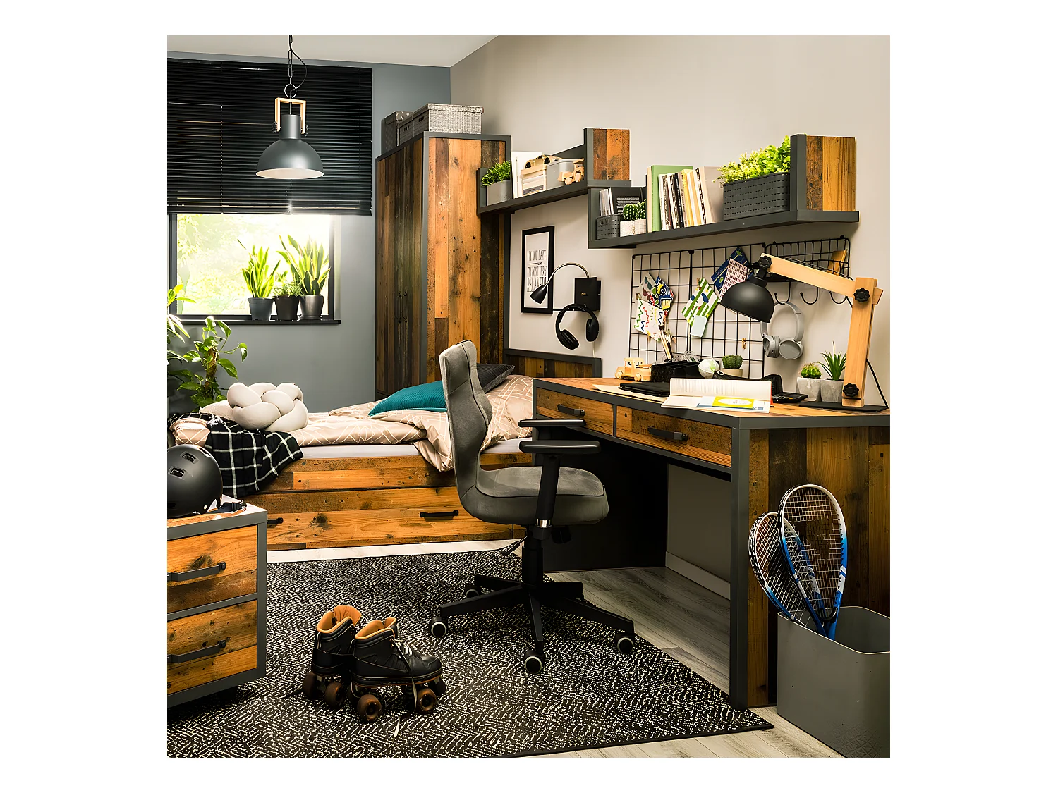 Bureau 2 tiroirs Paul Bois et Gris anthracite