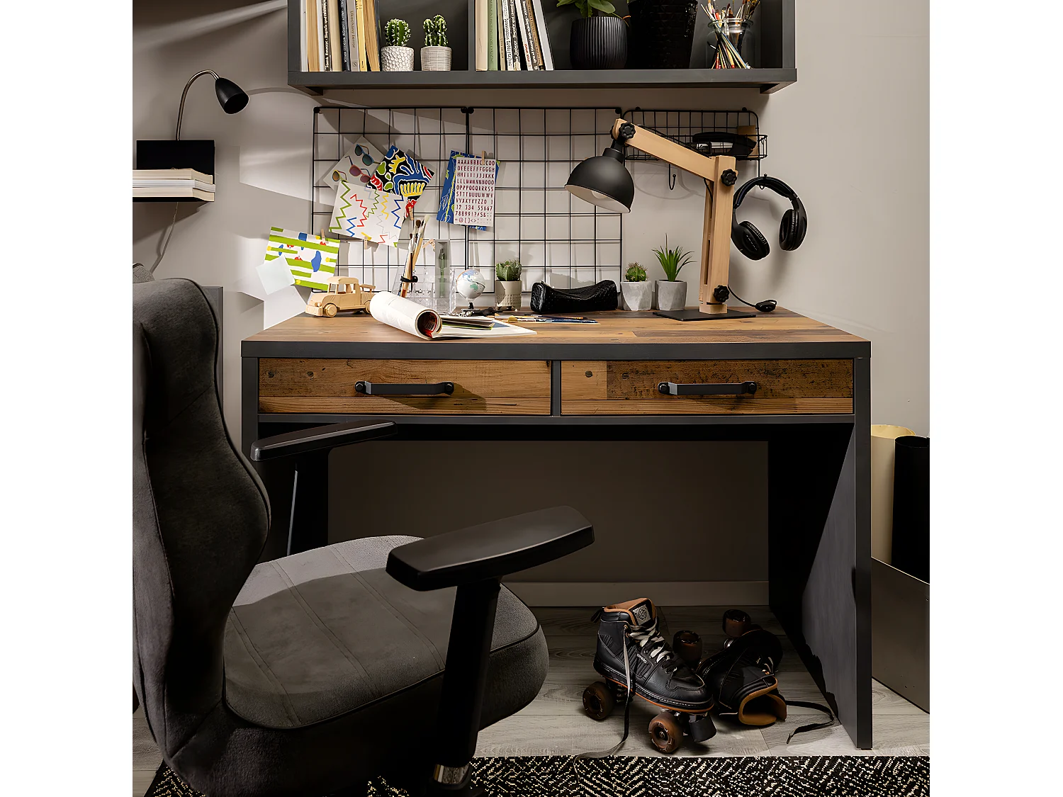 Bureau 2 tiroirs Paul Bois et Gris anthracite