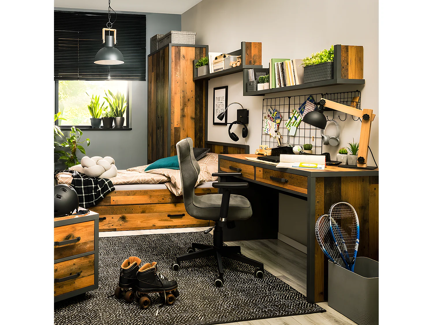 Bureau 2 tiroirs Paul Bois et Gris anthracite