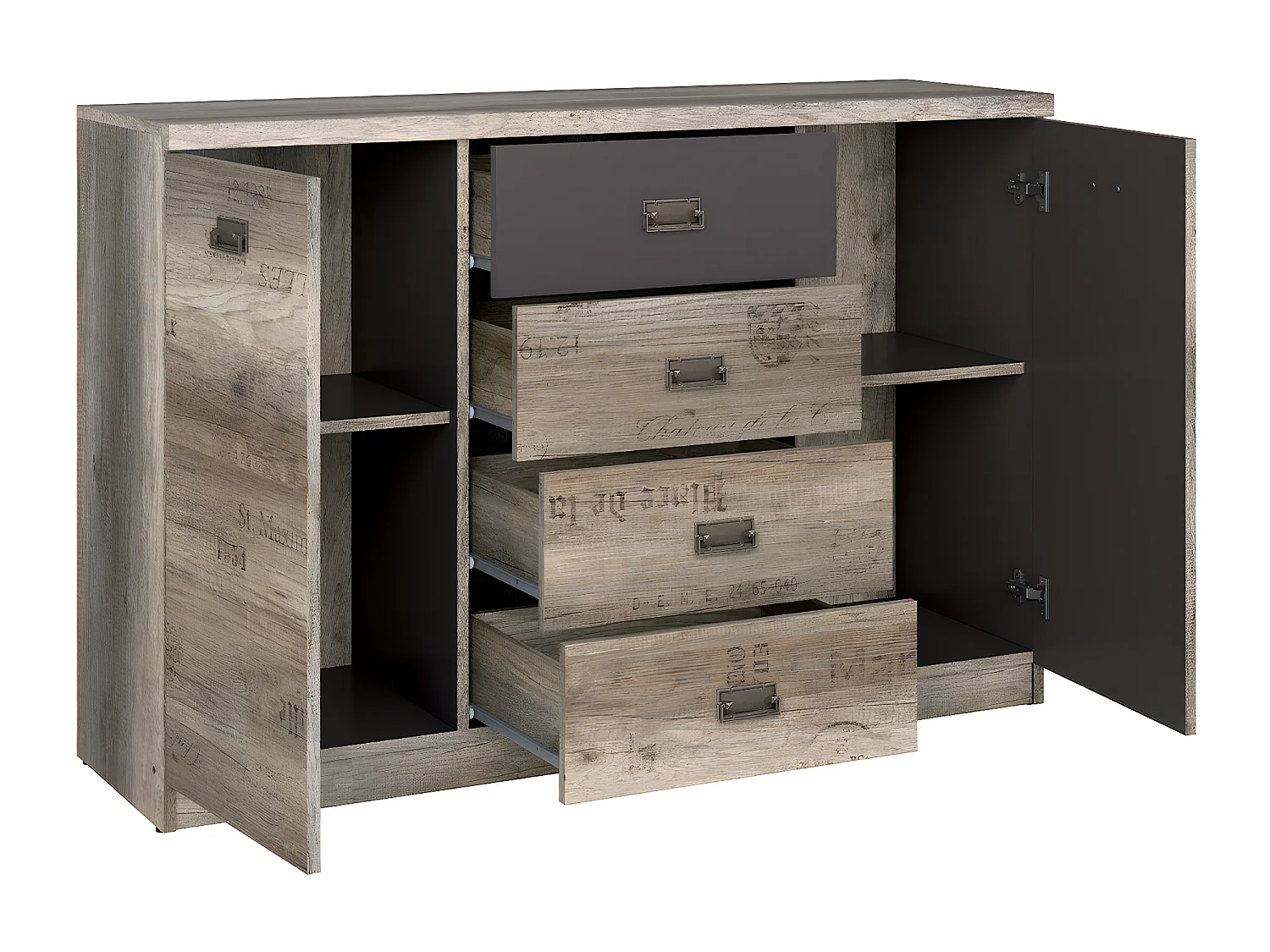 Buffet 2 portes 4 tiroirs Abel Bois et Gris