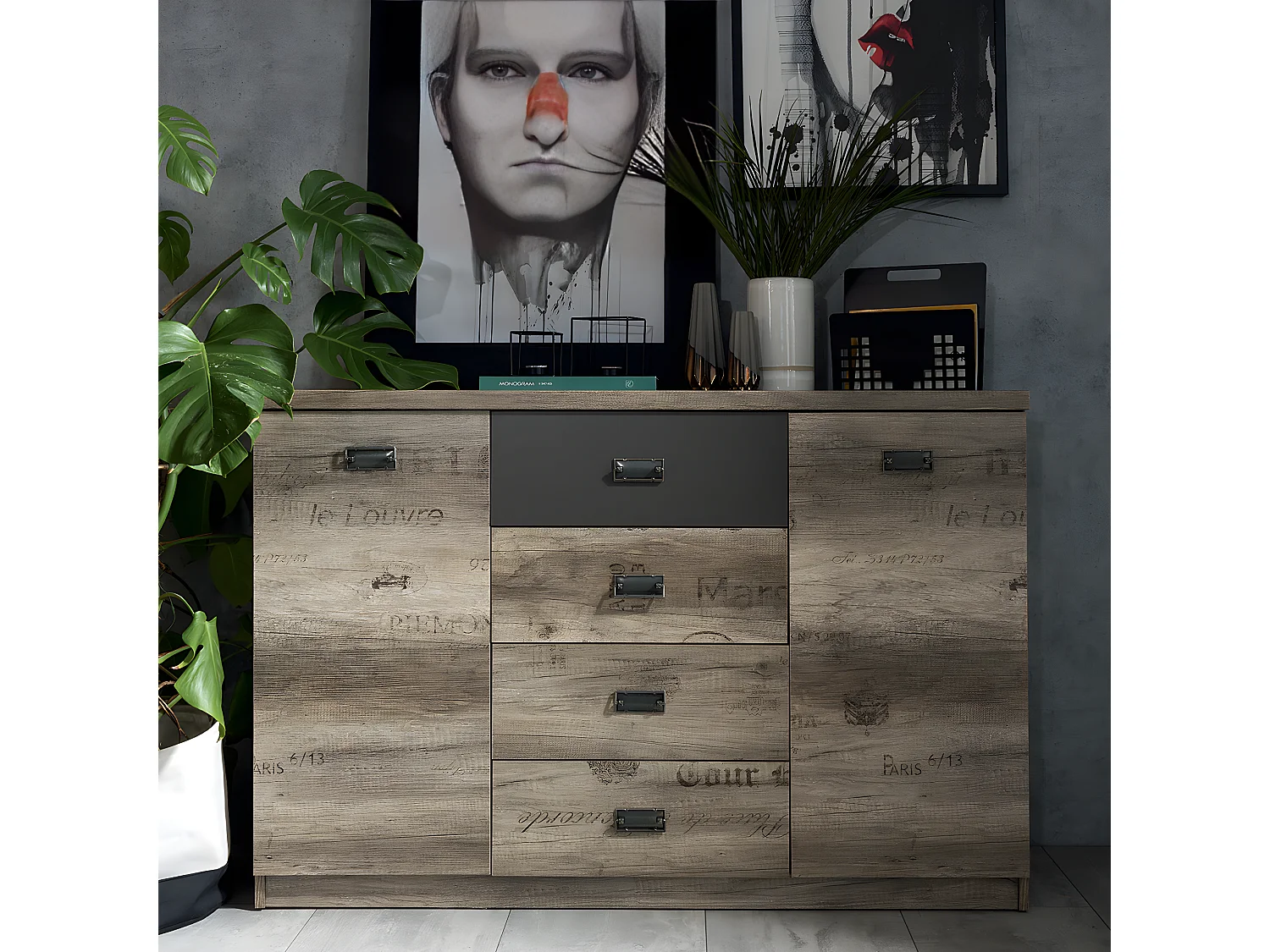 Buffet 2 portes 4 tiroirs Abel Bois et Gris