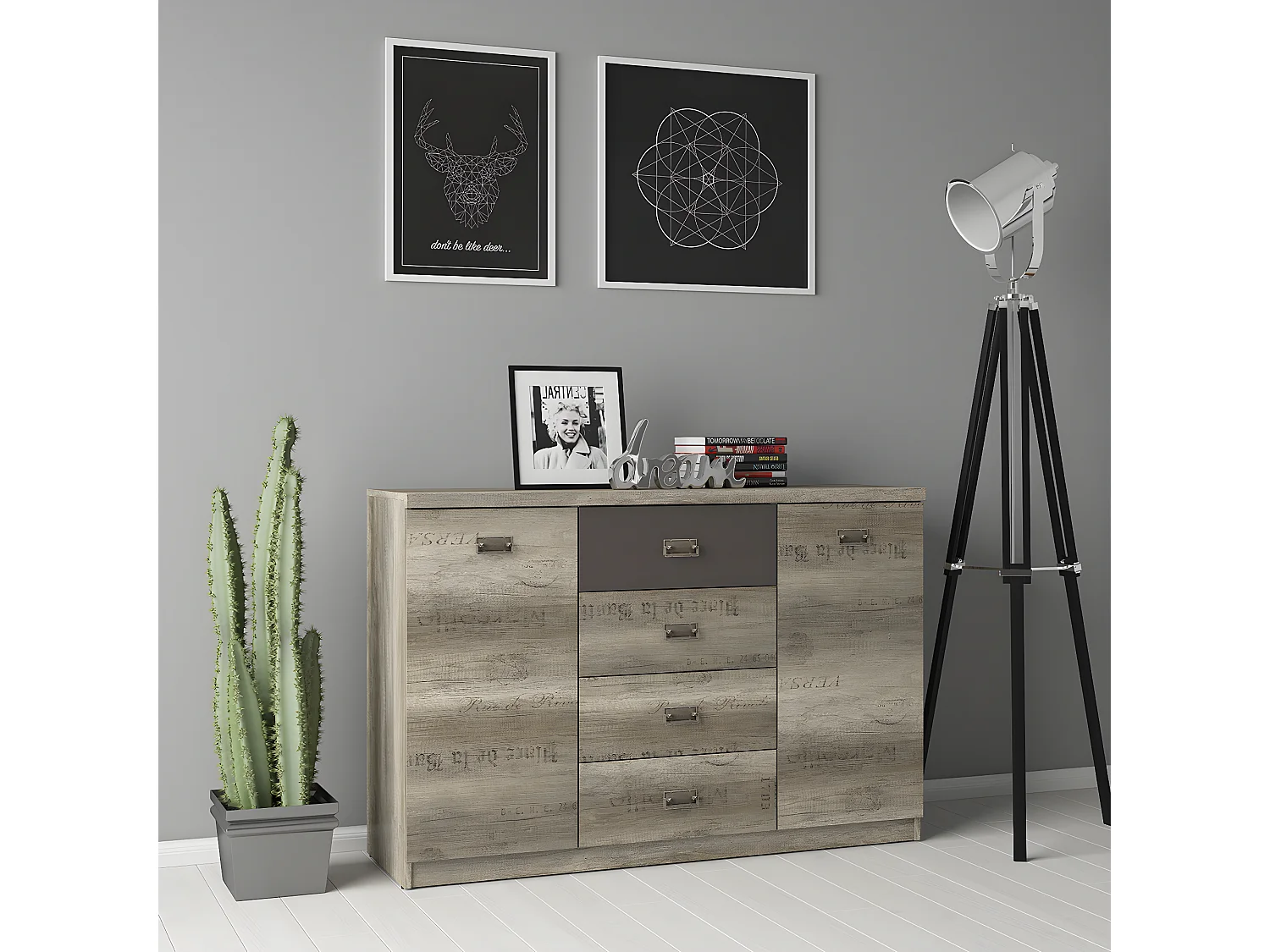 Buffet 2 portes 4 tiroirs Abel Bois et Gris