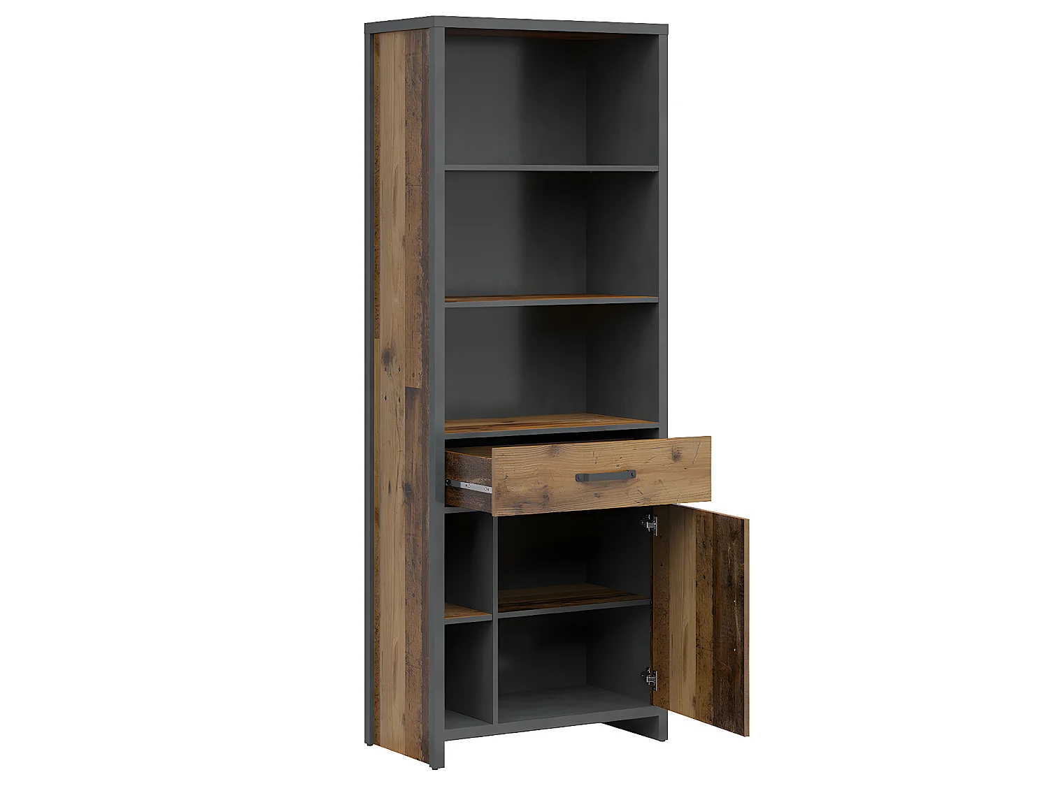 Paul Wood en antracietgrijze 1-deurs boekenkast met 1 lade
