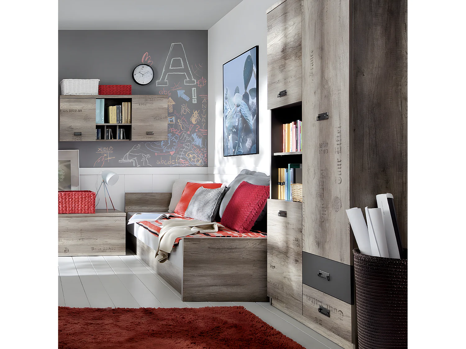 Abel Wood en grijze 3-deurs boekenkast met 2 lades