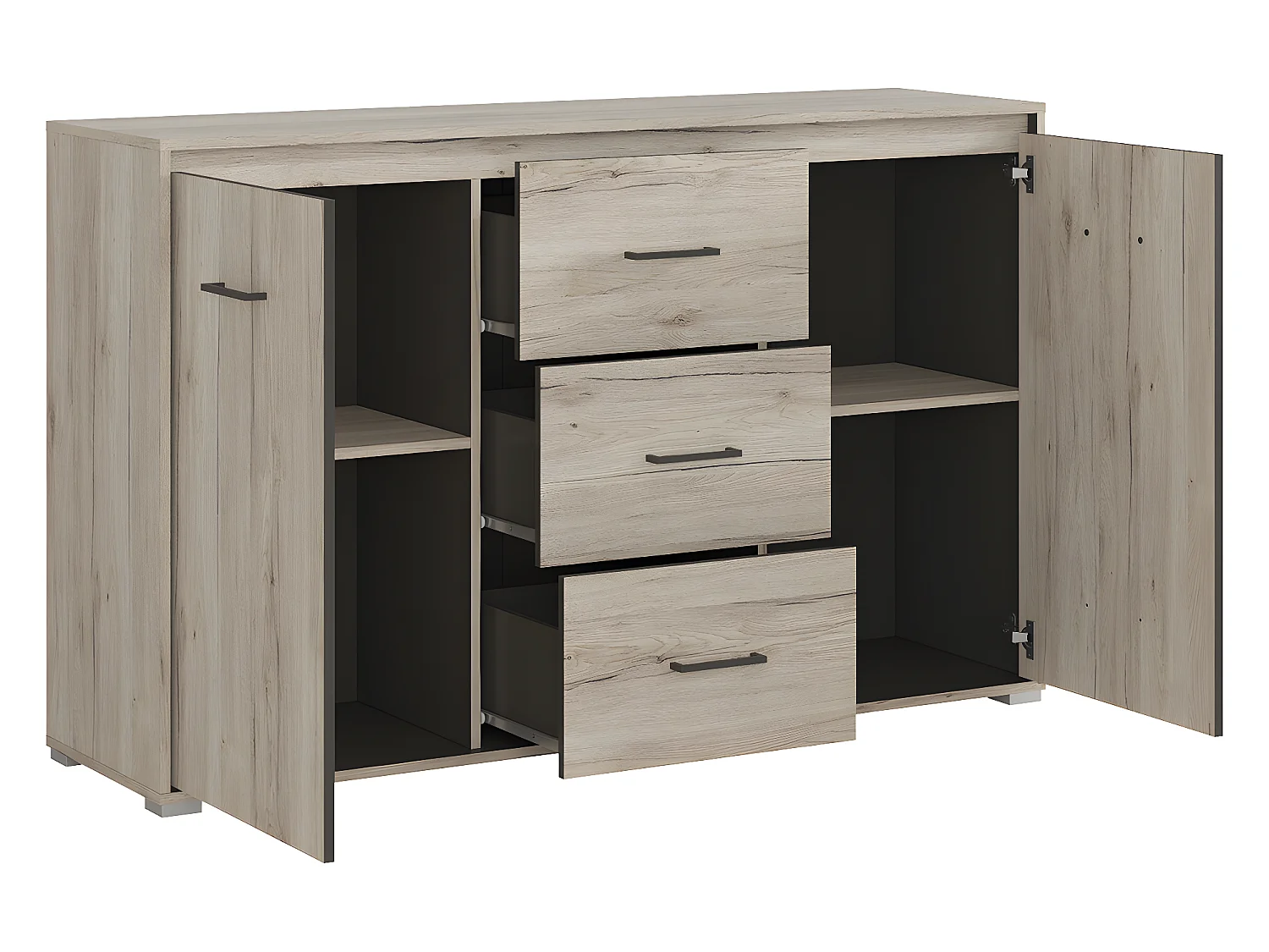 Buffet 2 portes 3 tiroirs Abriel Bois et Anthracite