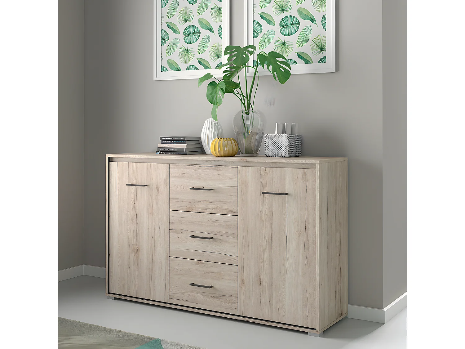 Buffet 2 portes 3 tiroirs Abriel Bois et Anthracite