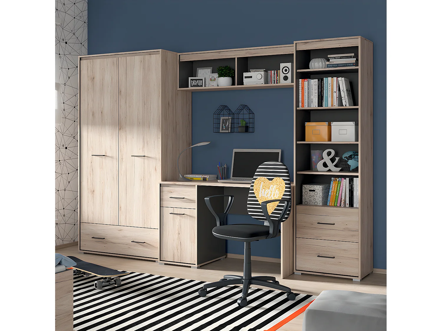 Bureau 1 porte 1 tiroir Abriel Bois et Anthracite