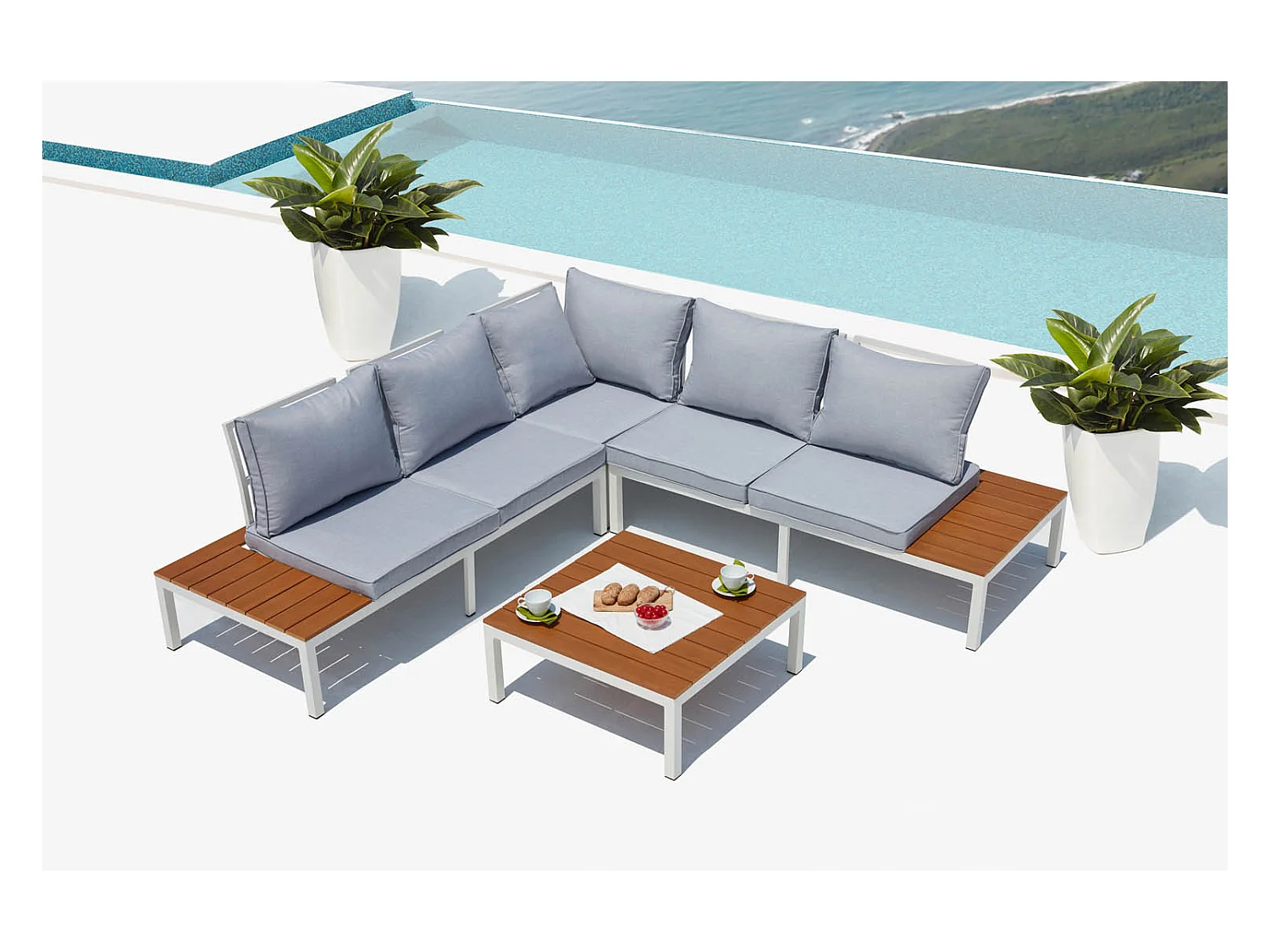 Salon de jardin bas 5 places en aluminium gris et blanc FIRA