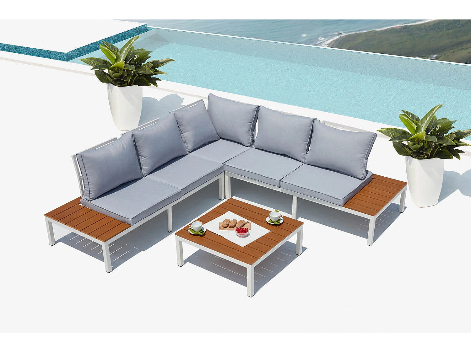 Conjunto de jardín 5 plazas aluminio blanco y gris FIRA