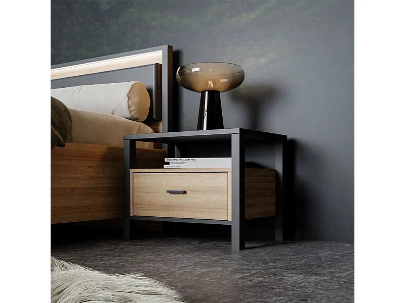 Table de chevet 1 tiroir 1 niche décor bois chêne et noir - MODE