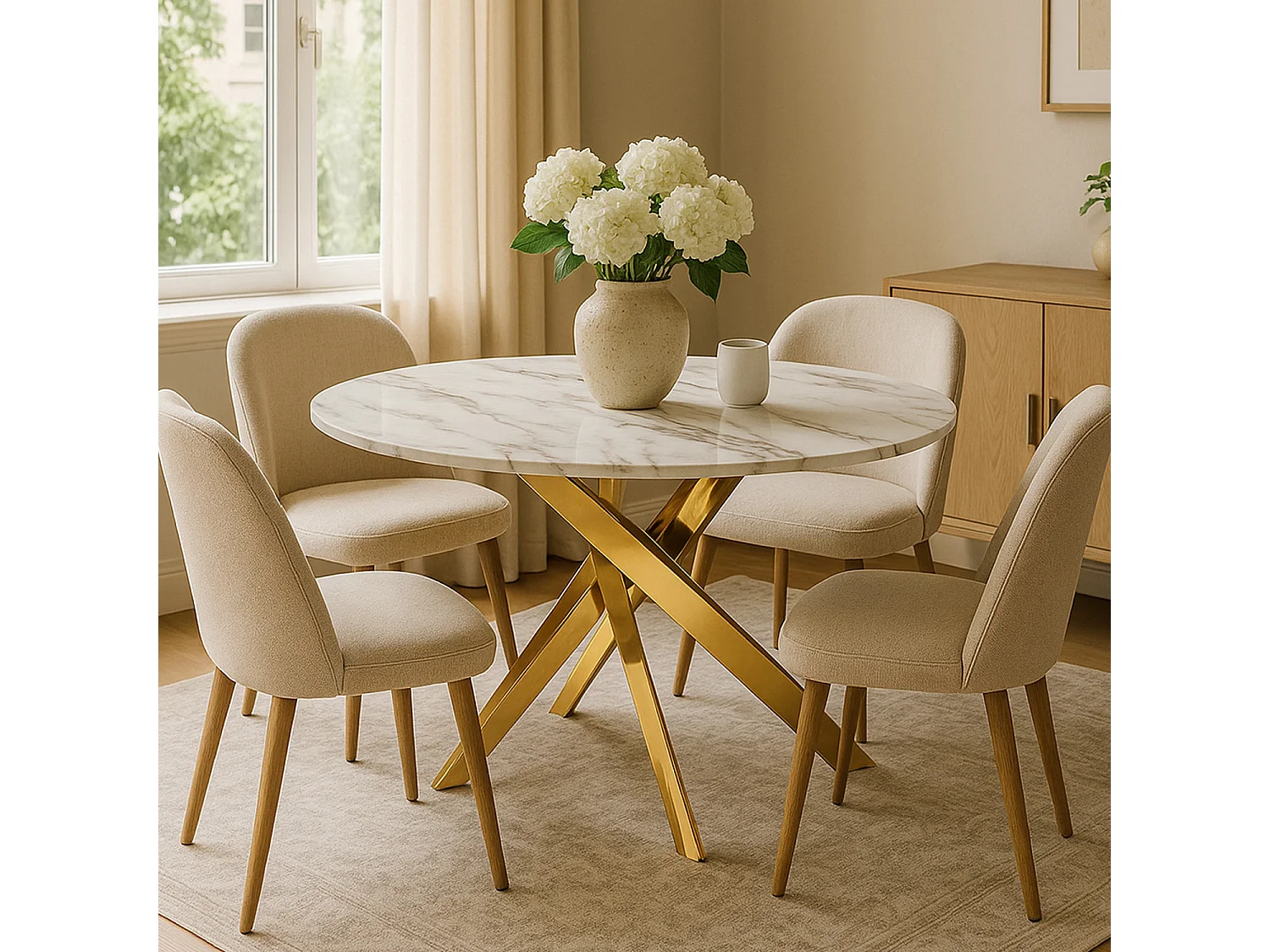 Table ronde en verre effet marbre et pied doré Holy