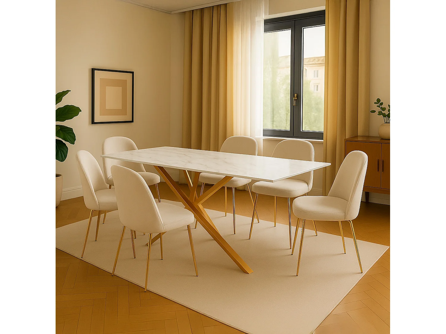 Table rectangulaire en verre effet marbre et pied doré Jodie