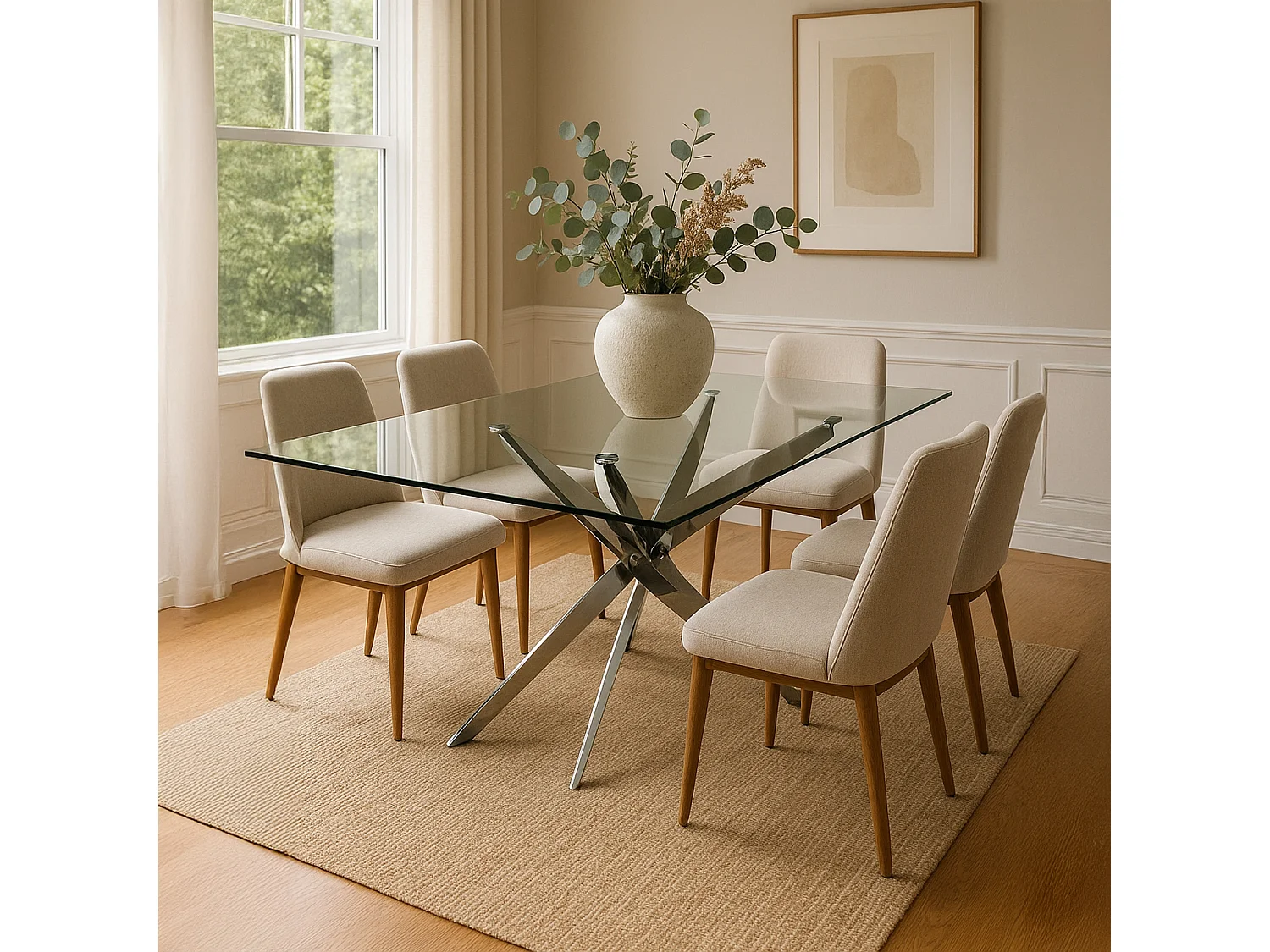 Table rectangulaire en verre et pied chromé Alix