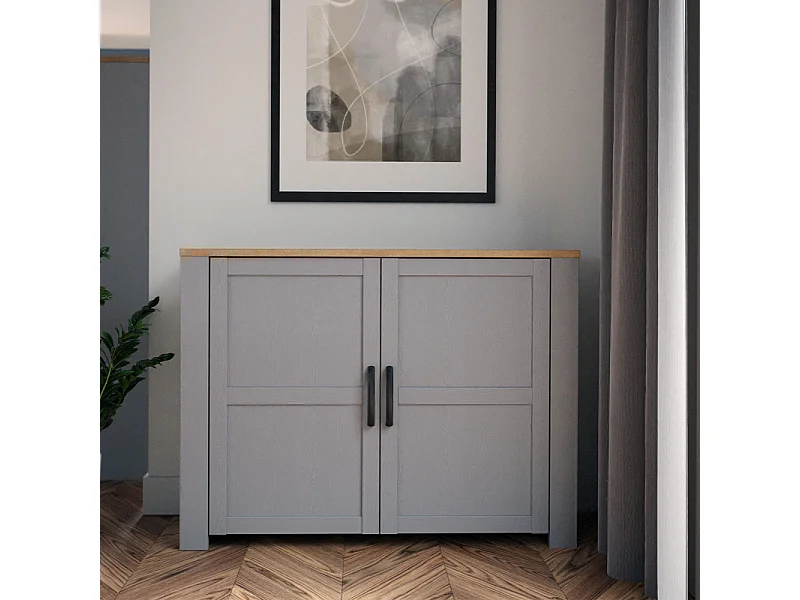 Buffet L116 cm décor chêne et gris clair avec poignées noir - ANTIBES