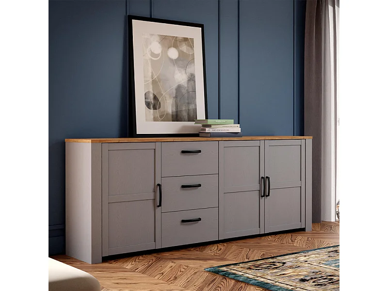 Buffet L221 cm décor chêne et gris clair avec poignées noir - ANTIBES