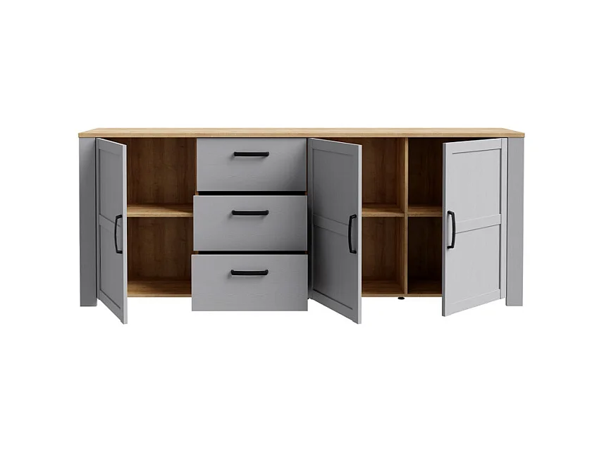 Buffet L221 cm décor chêne et gris clair avec poignées noir - ANTIBES