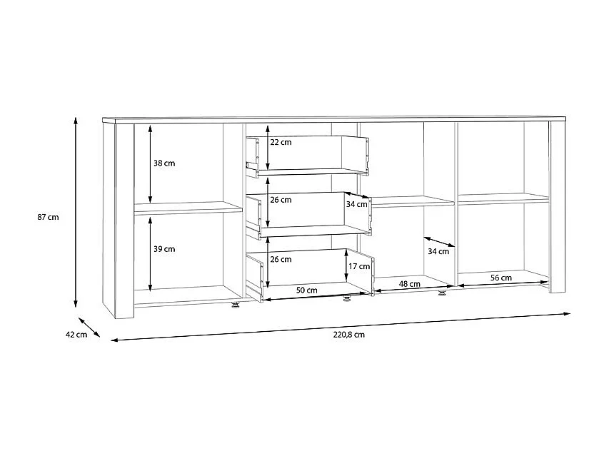 Buffet L221 cm décor chêne et gris clair avec poignées noir - ANTIBES
