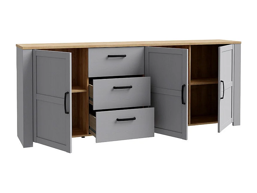 Buffet L221 cm décor chêne et gris clair avec poignées noir - ANTIBES