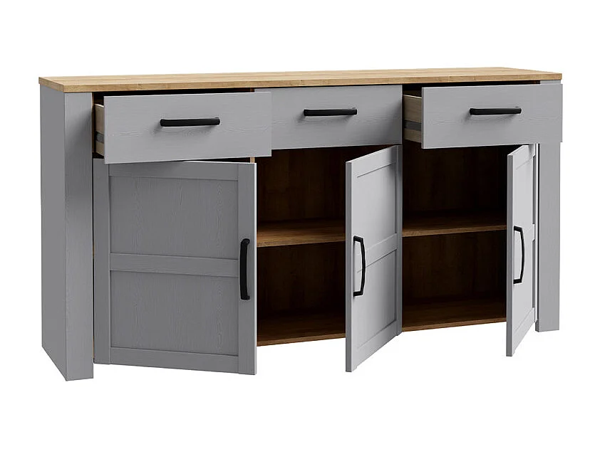 Buffet L166 cm décor chêne et gris clair avec poignées noir - ANTIBES