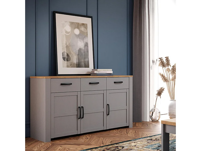 Buffet L166 cm décor chêne et gris clair avec poignées noir - ANTIBES