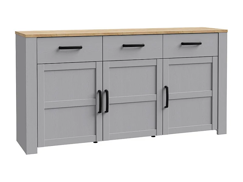 Buffet L166 cm décor chêne et gris clair avec poignées noir - ANTIBES