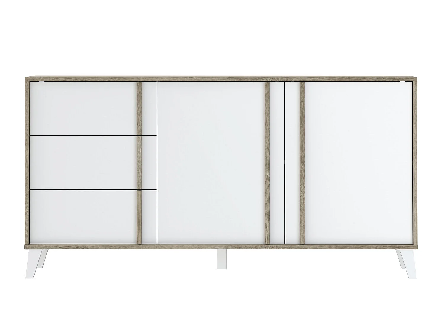 Buffet, meuble de rangement en mélamine coloris chêne et blanc - L. 160 x P. 45 x H. 82 cm