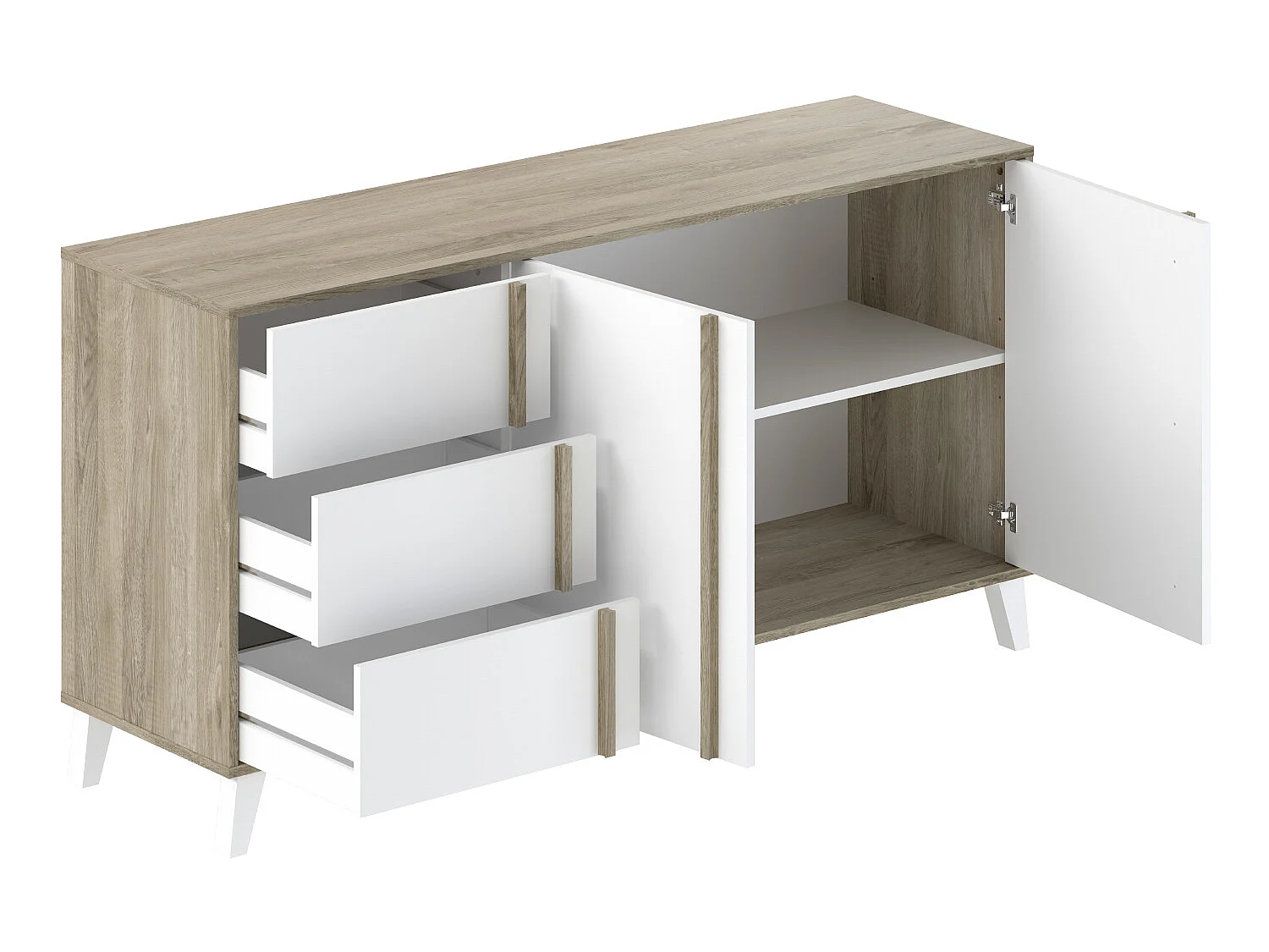 Buffet, meuble de rangement en mélamine coloris chêne et blanc - L. 160 x P. 45 x H. 82 cm