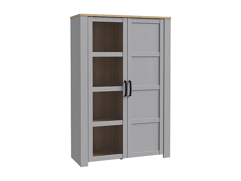 Vitrine H161 cm décor chêne et gris clair avec poignées noir - ANTIBES