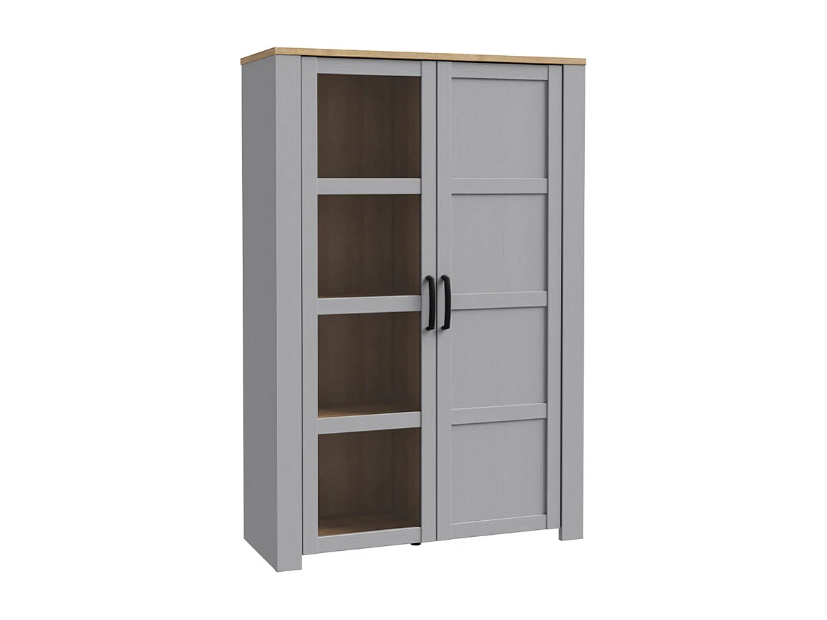 Vitrine H161 cm décor chêne et gris clair avec poignées noir - ANTIBES