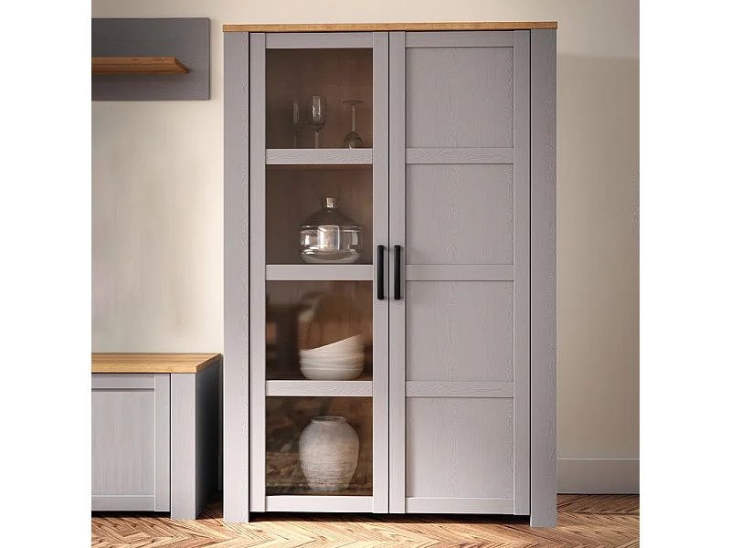 Vitrine H161 cm décor chêne et gris clair avec poignées noir - ANTIBES