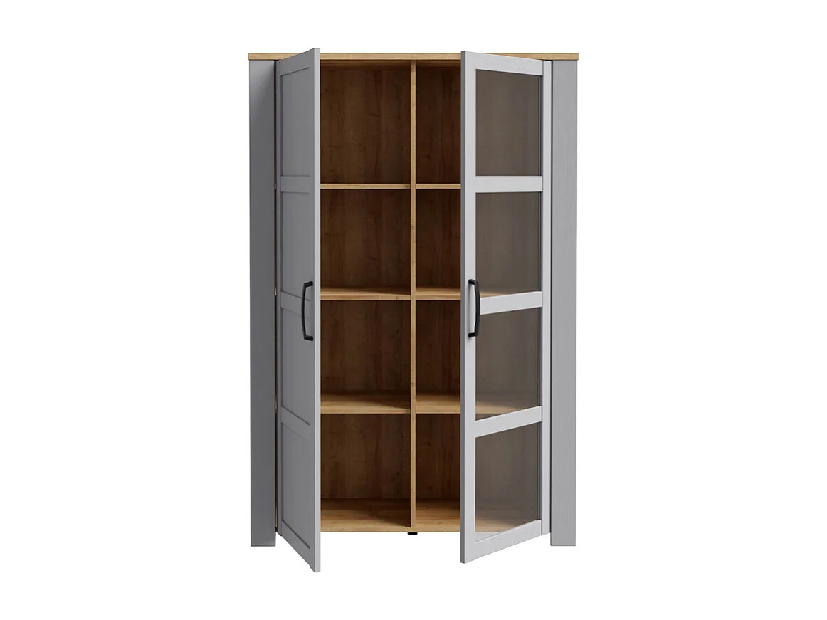 Vitrine H161 cm décor chêne et gris clair avec poignées noir - ANTIBES