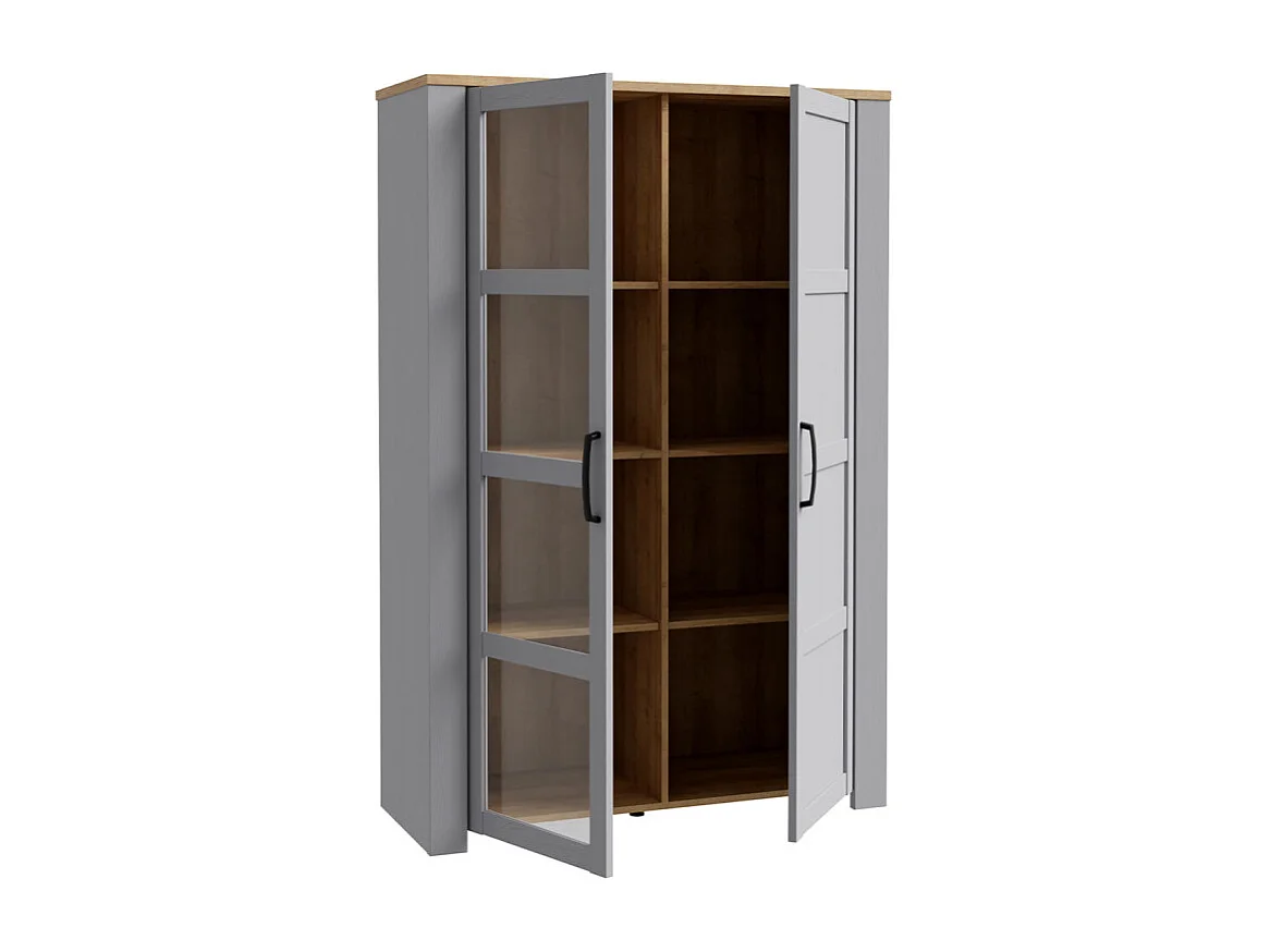 Vitrine H161 cm décor chêne et gris clair avec poignées noir - ANTIBES