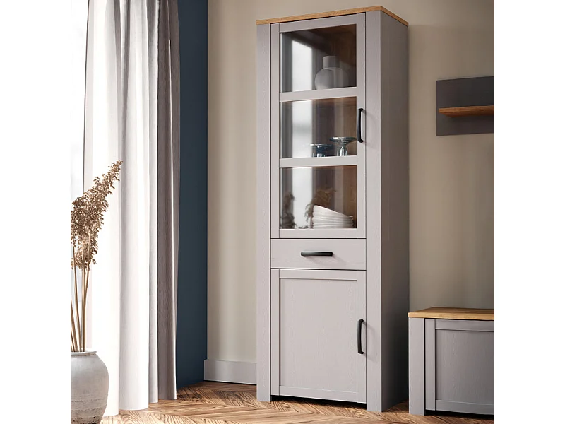 Vitrine H205 cm décor chêne et gris clair avec poignées noir - ANTIBES