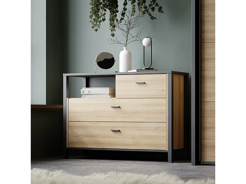 Commode 105 cm 3 tiroirs 1 niche décor bois chêne et noir - MODE