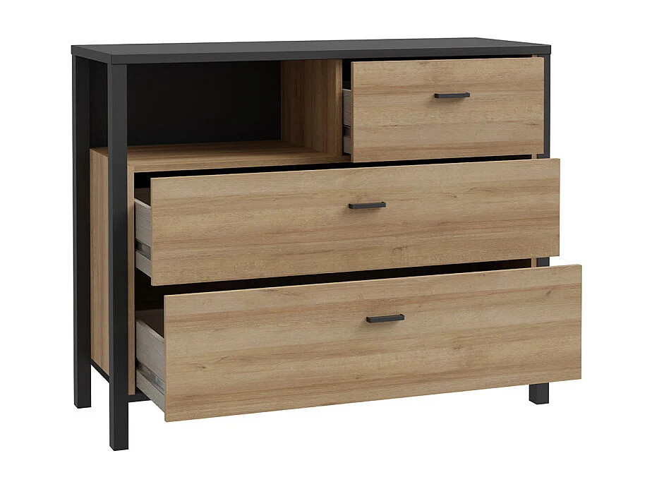 Commode 105 cm 3 tiroirs 1 niche décor bois chêne et noir - MODE