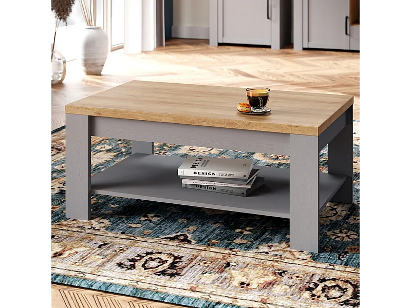 Table basse L100 cm revêtement décor chêne et gris clair - ANTIBES