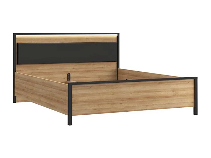 Lit 160 x 200 cm décor chêne et noir avec tête de lit et LED - MODE