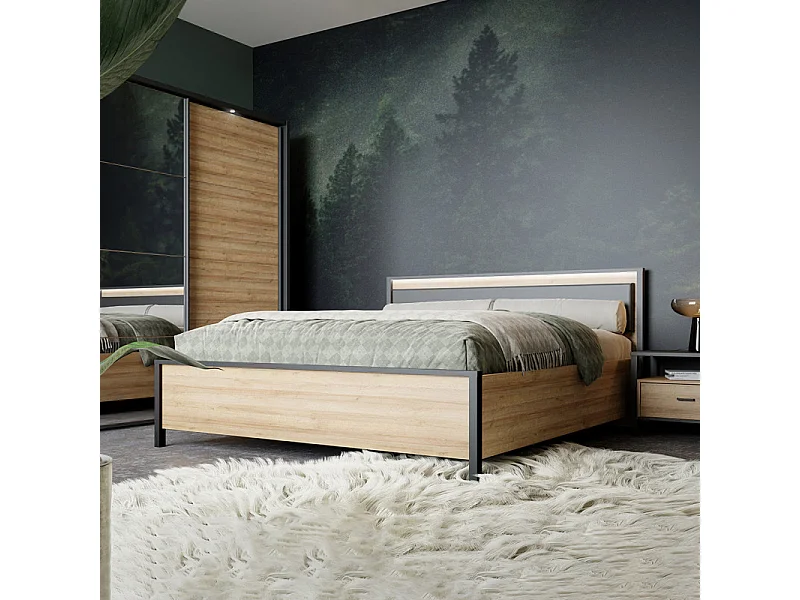 Lit 160 x 200 cm décor chêne et noir avec tête de lit et LED - MODE