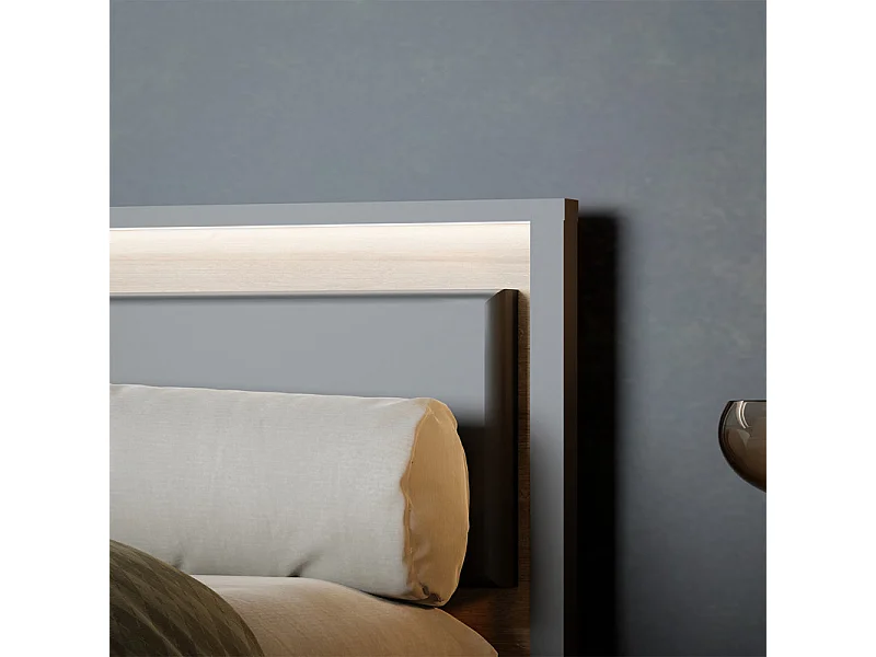 Lit 160 x 200 cm décor chêne et noir avec tête de lit et LED - MODE