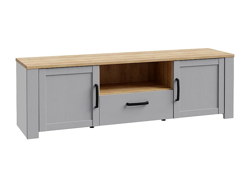 Meuble TV décor chêne et gris clair avec poignées noir - ANTIBES