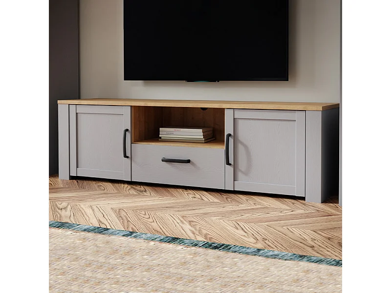 Meuble TV décor chêne et gris clair avec poignées noir - ANTIBES